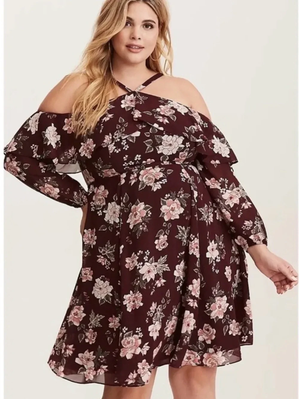 🌺Torrid burgundy floral print chiffon ruffled skater dress - Picture 2 of 9